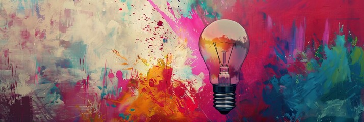 A creative depiction of a light bulb painted with colorful bursts on a wall