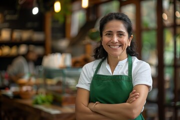 Portrait of beautiful smiling female small business of restaurant. Generate AI image