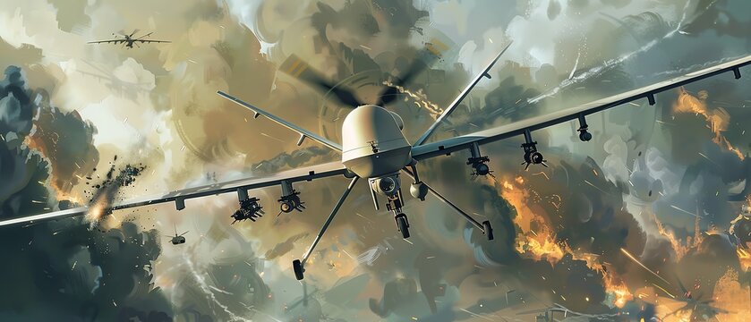 An epic aerial battle between a military drone and a squadron of enemy fighter jets
