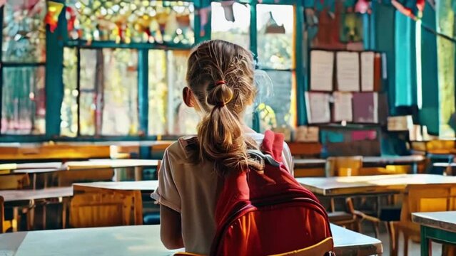 Child girl with backpack came to school for the first time. primary school. Back to school
