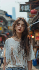 Obraz premium Portrait of thai china adult beautiful girl white shirt relax and smile