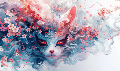 A colorful wall art featuring a stylized kitsune mask surrounded by cherry blossoms. Generate AI