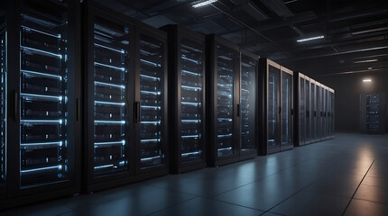 Modern Data Technology Center Server Racks in Dark Room. Visualization Concept of Complex Electric Equipment Warehouse, hub