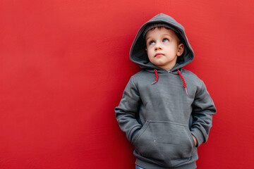 A cutest little guy in a trendy hoodie and jeans, standing agnst a solid red background.
