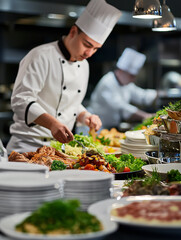 Obraz premium The chef prepares dishes for the buffet table in the restaurant.
