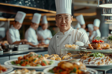 The chef prepares dishes for the buffet table in the restaurant.