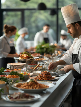 The chef prepares dishes for the buffet table in the restaurant.