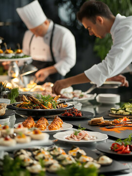 The chef prepares dishes for the buffet table in the restaurant.