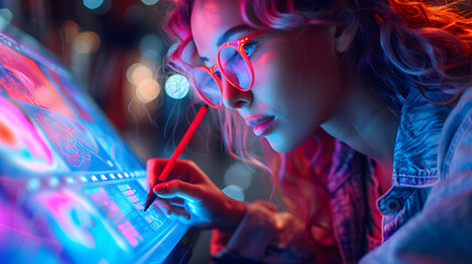 A focused woman interacts with a vibrant, futuristic holographic interface using a stylus, surrounded by dynamic neon lights
