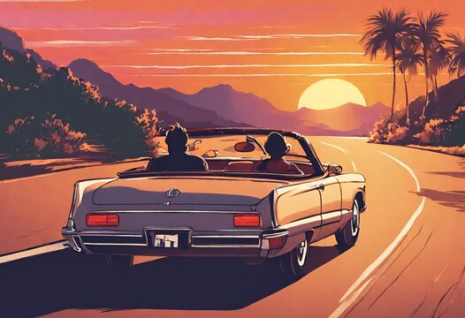 Pareja manejando hacia el atardecer