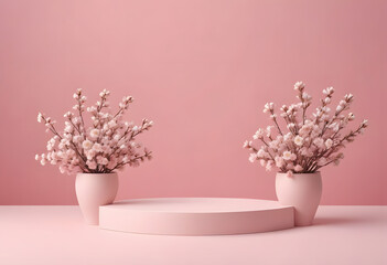 minimal pastel color product display podium with blossom flowers on pink background. 3d scene...