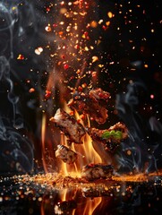 Grilled meat skewers in mid-air with flames and a colorful explosion of spices, creating a dramatic culinary spectacle.