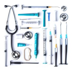 A beautiful set of medical tools, including stethoscopes and syringes, model isolated white background