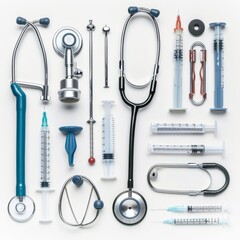 A beautiful set of medical tools, including stethoscopes and syringes, model isolated white background