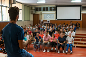 A teacher speaks to Students at the University. The concept of higher education.