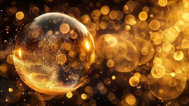 A gold bubble with a black background.