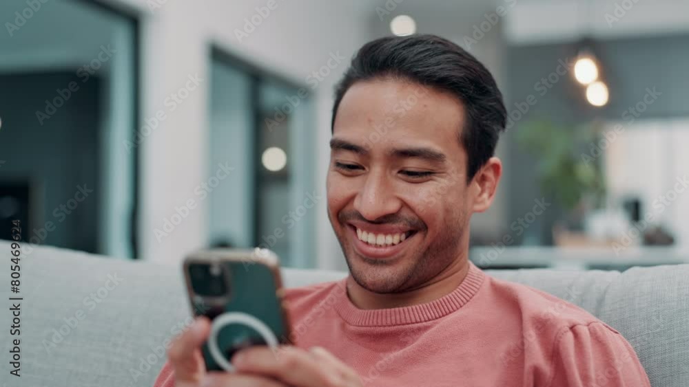 Poster Man, laughing and smartphone in home on sofa, smile and notification or typing on online app or website. Communication, funny message and social media or web search, blog and living room for meme