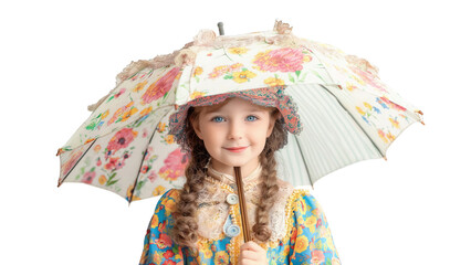 Fototapeta premium Mała dziewczynka trzymająca w dłoni parasol, ubrana w kolorową kurtkę i spódniczkę, stojąca na chodniku