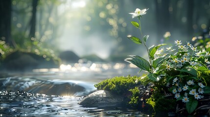Tranquil nature scene showing a lush island of green plants and white flowers in a forest stream, bathed in soft sunlight and morning mist.