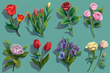 A small isometric set of flowers, featuring vibrant tulips and roses, model isolated on solid color background