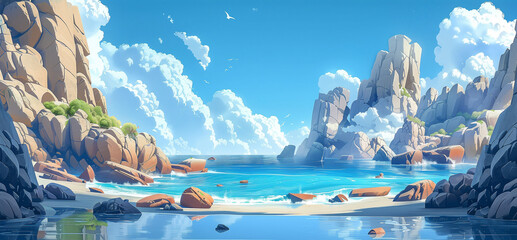 Isolated beach landscape illustration, wide angle background with nobody