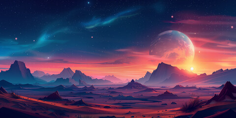 Dark desert night mountainous landscape illustration, wide angle valley background, night