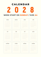 Calendar 2028 blank template clean and minimal design size A4, Week start on sunday