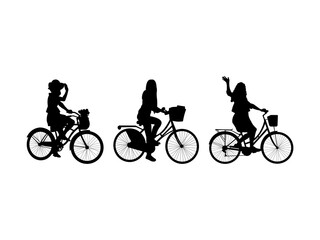 Set of Woman Cyclist Silhouette in various poses isolated on white background