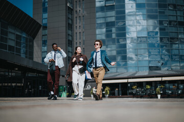 Three business professionals in casual work attire energetically discuss and strategize while walking in a modern urban environment with reflective buildings in the background.