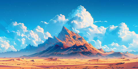 Desert mountain peak landscape illustration, wide angle valley background