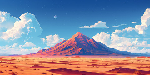 Desert mountainous landscape illustration, wide angle valley background