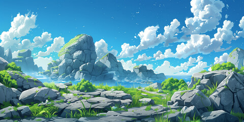 Cliffs landscape illustration. Big stones and vegetation. Wide angle background with nobody