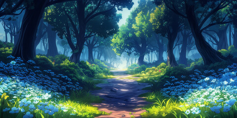 Forest path background environment for a mobile game. Enchanted route landscape with trees and flowers, flat 2d cartoon style
