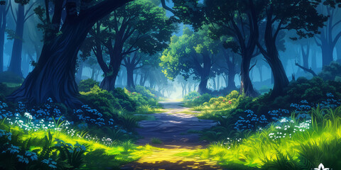 Forest path background environment for a mobile game. Enchanted route landscape with trees, flat 2d cartoon style