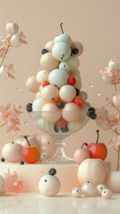 Imaginative and youthful ice cream composition in a glass, set against a pastel background, adorned with whimsical fruit and charming characters, evoking a sense of fun and sweetness