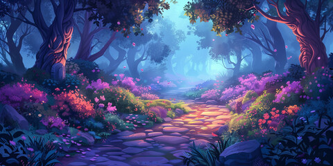 Dark forest stones path background environment with flowers for a mobile game. Enchanted route landscape with trees, flat 2d cartoon style
