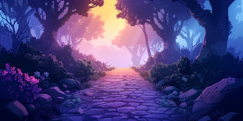Dark forest stones path background environment for a mobile game. Enchanted route landscape with trees, flat 2d cartoon style