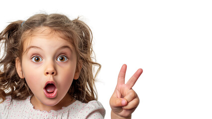 Mała dziewczynka wskazująca znak pokoju palcami, ubrana w jasną sukienkę, uśmiechnięta i radosna