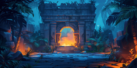 Dark temple background environment for a mobile game. Enchanted tropical temple ruins, 3d cartoon style