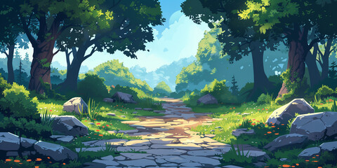 Forest stones path background environment for a mobile game. Enchanted route landscape with trees, flat 2d cartoon style