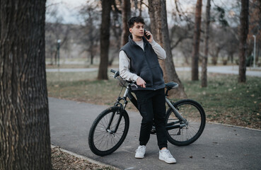 Obraz premium Teenager enjoying a peaceful outdoor setting while on a phone call, leaning on a bicycle in a park.