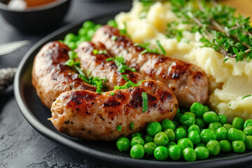 Close up pork sausages with creamy mashed potatoes, gravy sauce, green peas and greenery on black plate on dark grey background