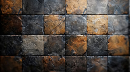 Wall tiled with square colorful tiles in gray, brown, black colors, dark, aged modern interior