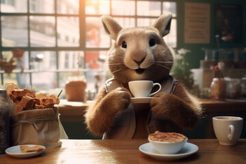 Smiling bunny rabbit works as barista in coffee shop, prepares and serves coffee and sweet pastries to customers