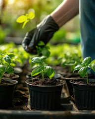 Person plants in pots bell pepper seedling in the ground in bed greenhouse, spring farm work, healthy vegetarian organic food
