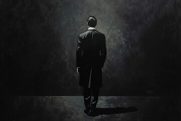 Obraz premium In a scene reminiscent of classic elegance, a man is captured agnst a black canvas, his attire comprising of black garments and white shoes, each detl impeccably defined in HD clarity.