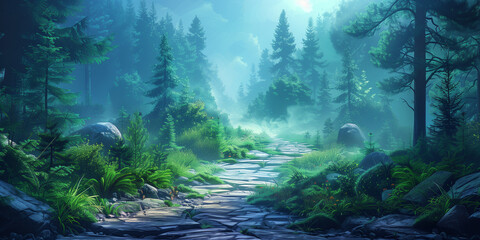 Forest path background environment for a mobile game. Enchanted foggy landscape with trees, flat 2d cartoon style