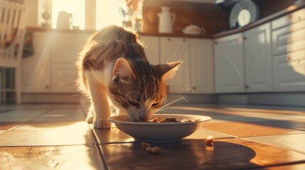 cat eats from a bowl in the kitchen