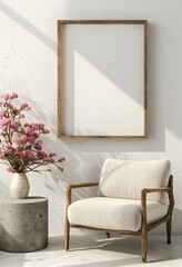A photo of a large wood picture frame mockup on the wall in a living room