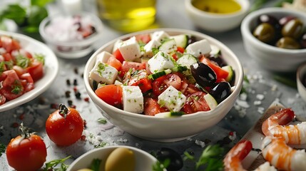 Greek salad fresh vegetables feta cheese and black olives in bowl and seafood on table